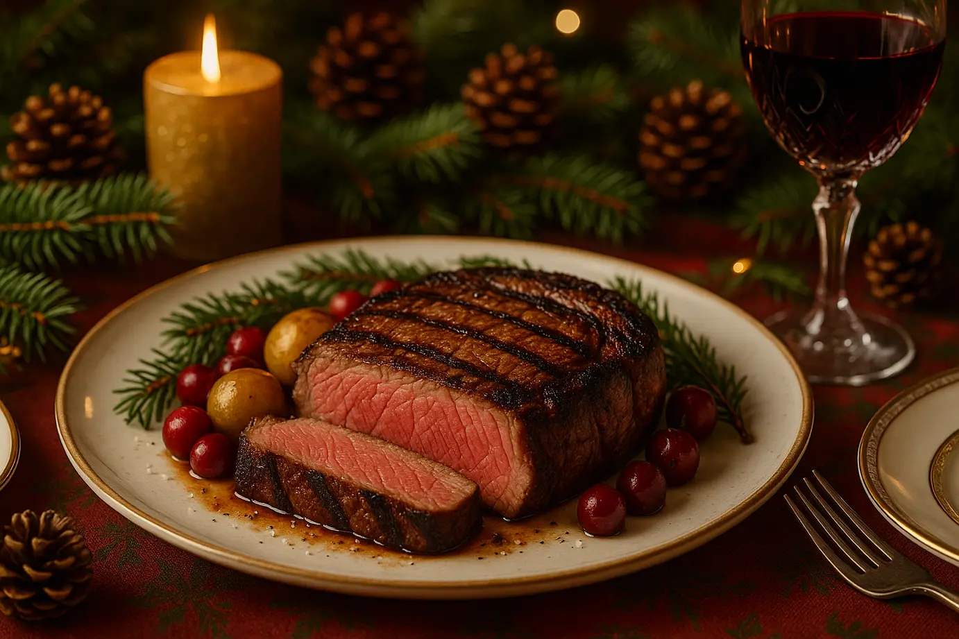 Beautiful sous vide Christmas feast with prime rib, elegant sides, and festive decorations