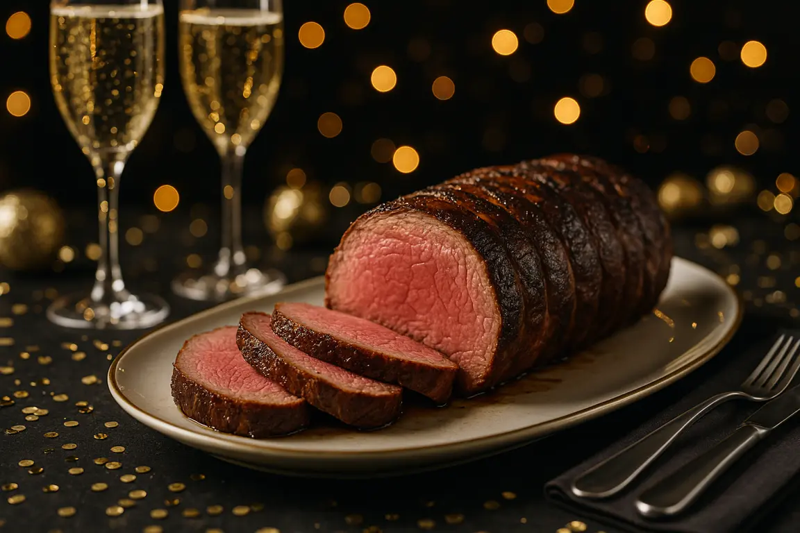 Elegant sous vide New Year's Eve celebration feast with champagne and luxury dishes