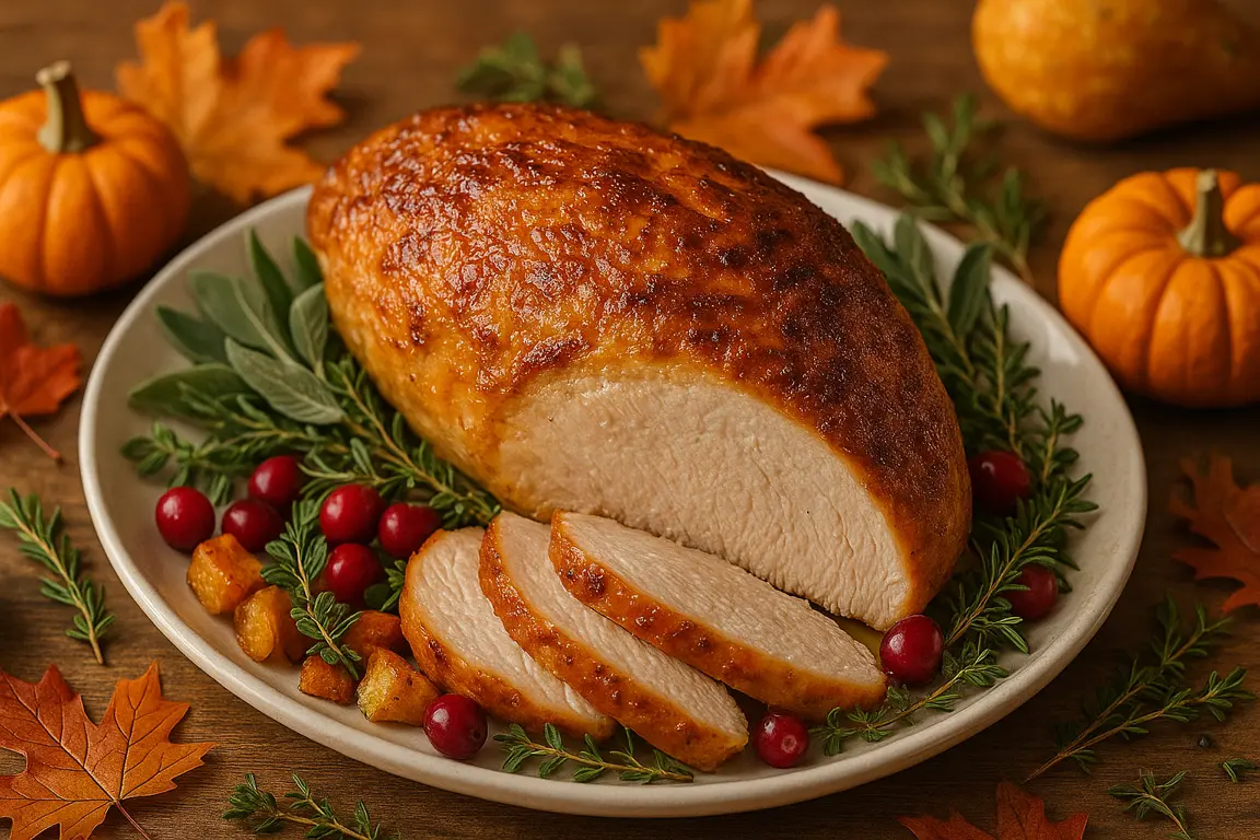 Beautiful sous vide Thanksgiving feast with turkey, sides, and fall decorations