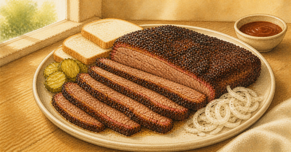 Texas-Style Smoked Brisket Flat with Crispy Bark plated and ready to serve