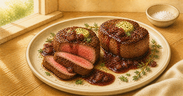 Classic Filet Mignon with Red Wine Reduction plated and ready to serve