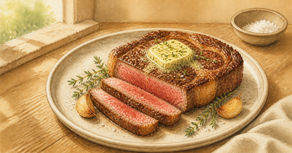 Perfect Ribeye with Garlic Herb Butter plated and ready to serve