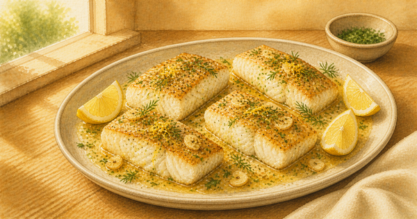 Classic Cod with Lemon Butter plated and ready to serve