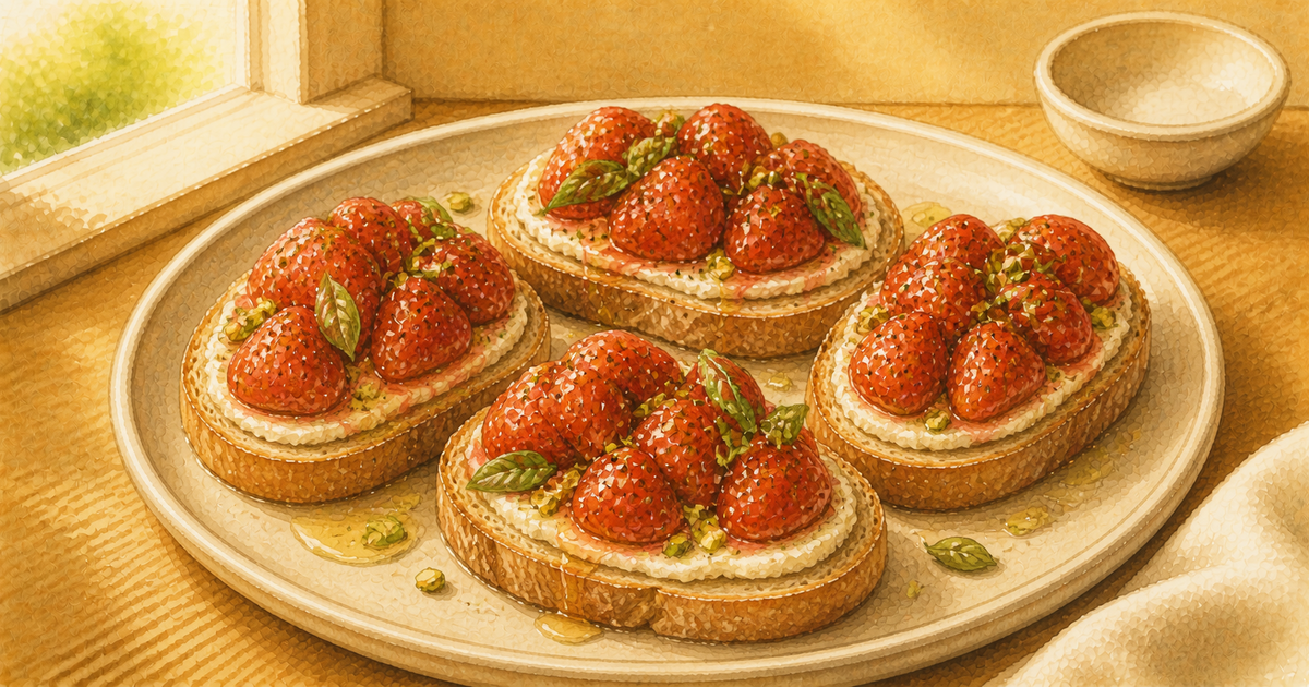 Strawberry-Vanilla Bean Topping with Basil plated and ready to serve