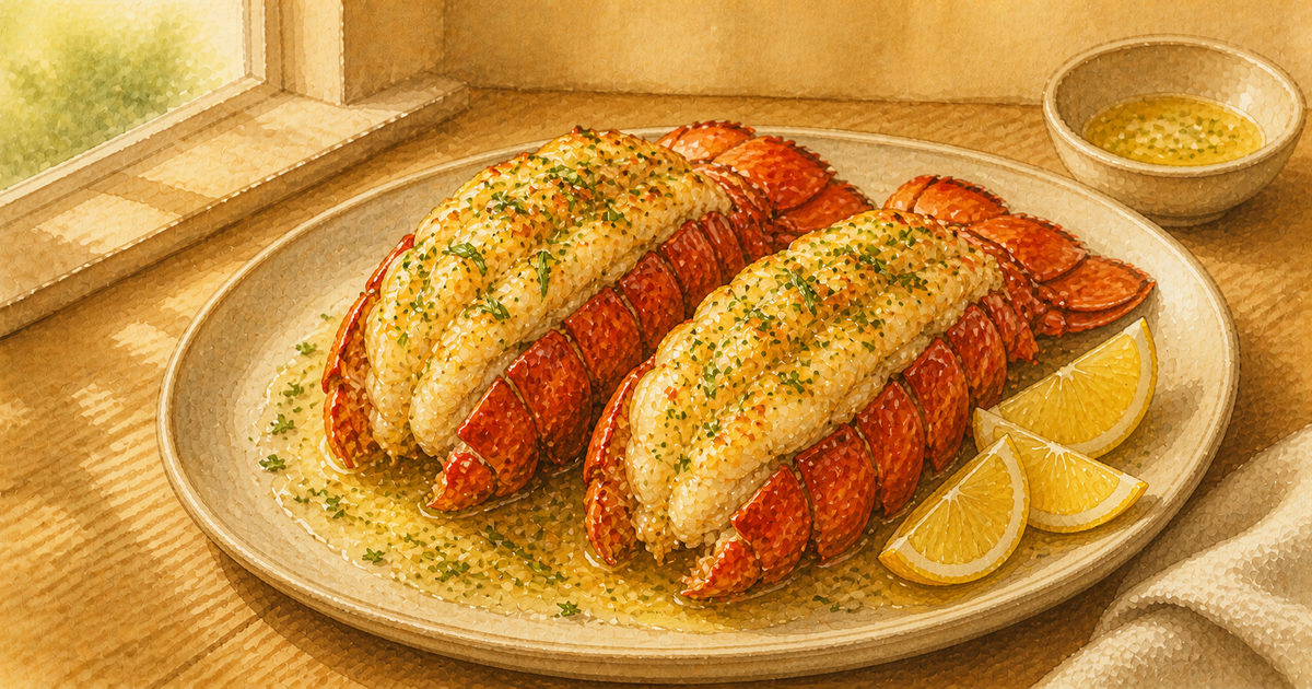 Classic Garlic Butter Lobster Tail with Lemon plated and ready to serve