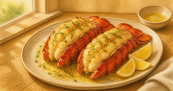 Classic Garlic Butter Lobster Tail with Lemon plated and ready to serve