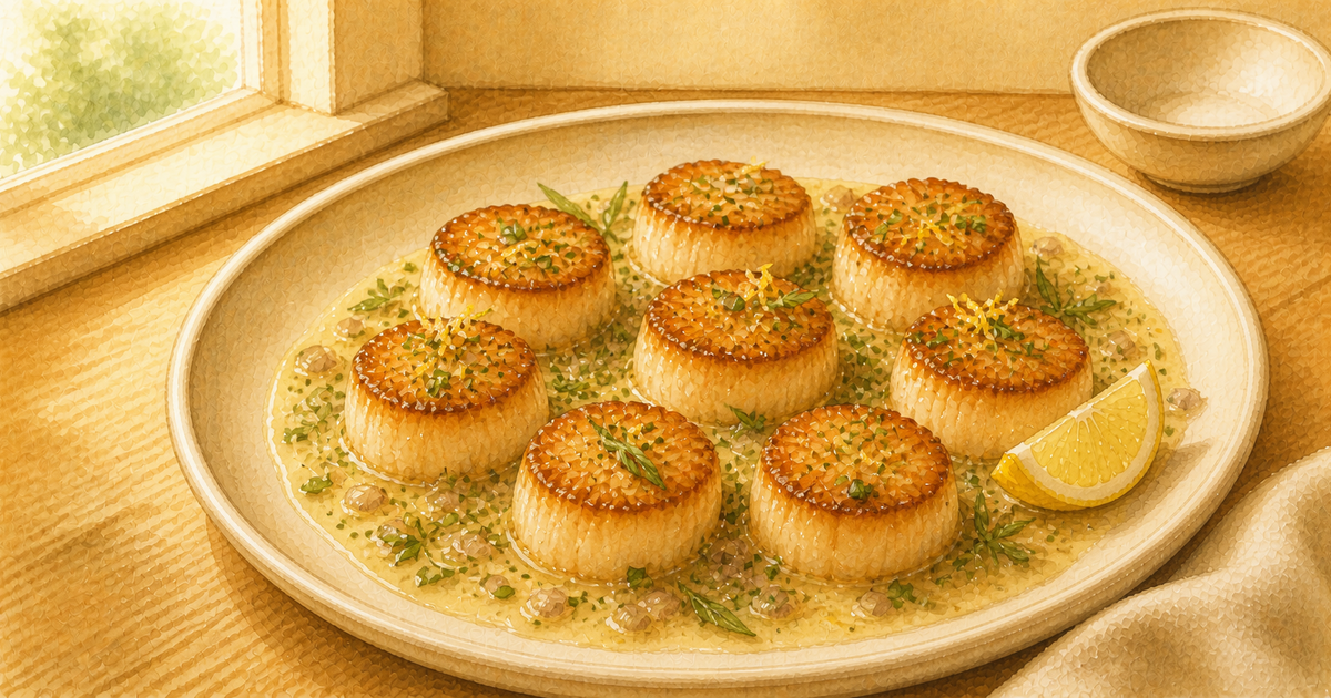 Champagne Butter Scallops plated and ready to serve