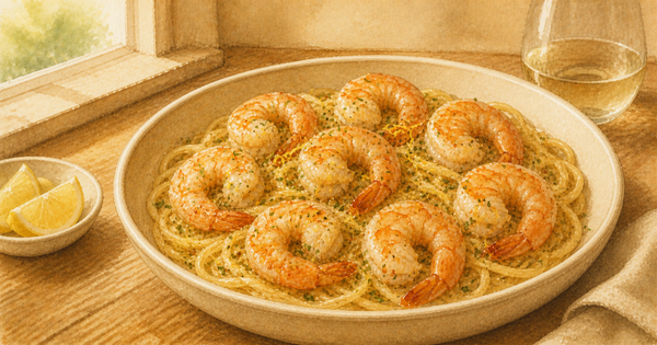 Garlic Butter Shrimp Scampi with White Wine plated and ready to serve