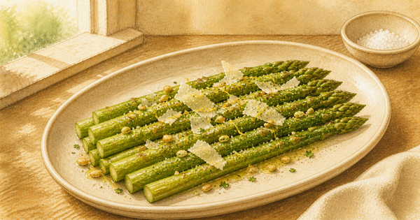 Truffle-Parmesan Asparagus plated and ready to serve