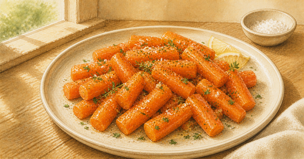 Butter-Poached Carrots with Thyme plated and ready to serve