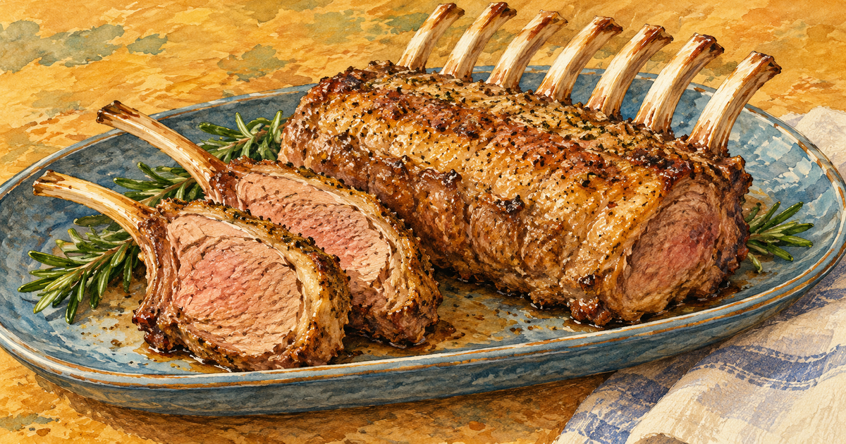 Watercolor of a browned bone-in rack of lamb with two carved rib portions on a blue platter