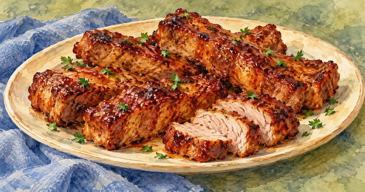 Watercolor of glazed boneless shoulder-cut country-style pork ribs on a cream platter