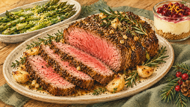 Carved rosemary-garlic beef roast with asparagus and a cheesecake jar on a Christmas table