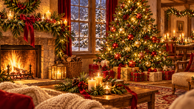 Cozy Christmas room with an ornamented evergreen tree, wrapped gifts, a glowing fireplace, candles, and snow outside the window