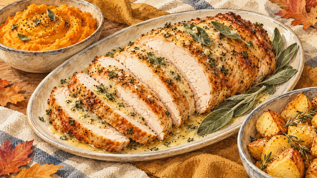 Sliced sage-butter turkey breast with butternut squash puree and golden potatoes on an autumn table