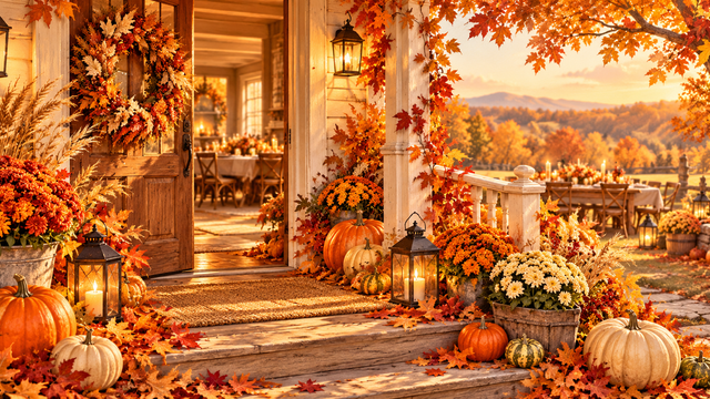 Autumn porch with pumpkins, golden maple leaves, a harvest wreath, and glowing lanterns welcoming a Thanksgiving gathering