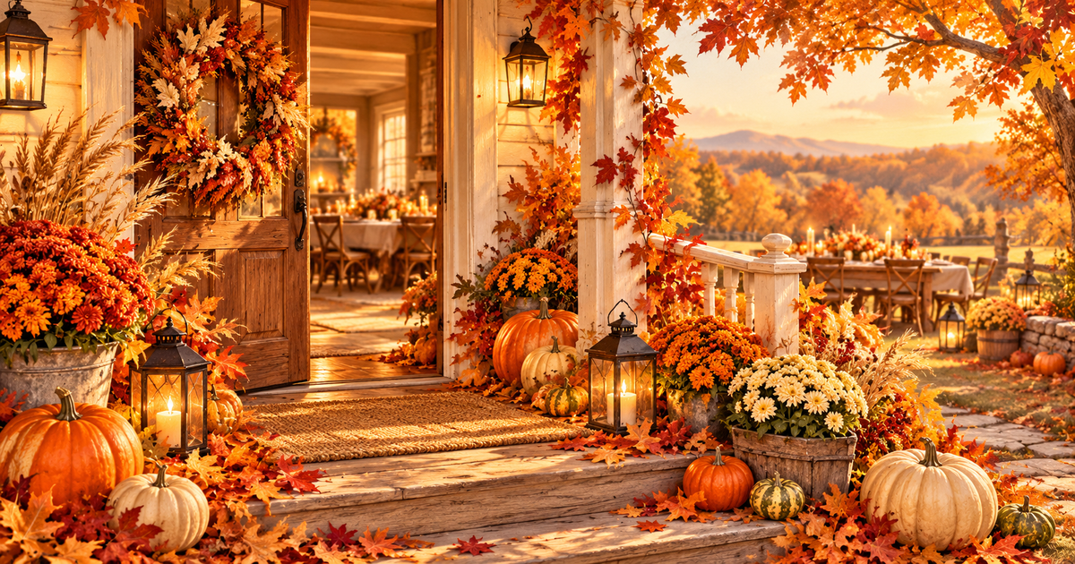 Autumn porch with pumpkins, golden maple leaves, a harvest wreath, and glowing lanterns welcoming a Thanksgiving gathering
