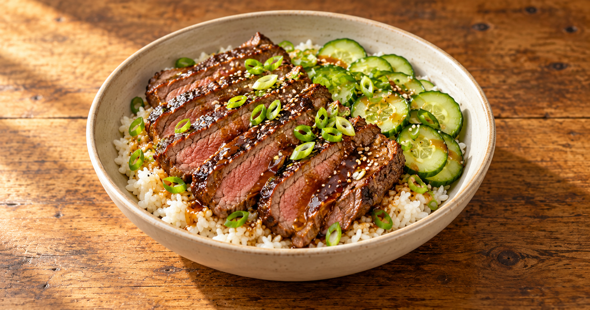 Bulgogi-Style Ribeye Rice Bowls plated and ready to serve