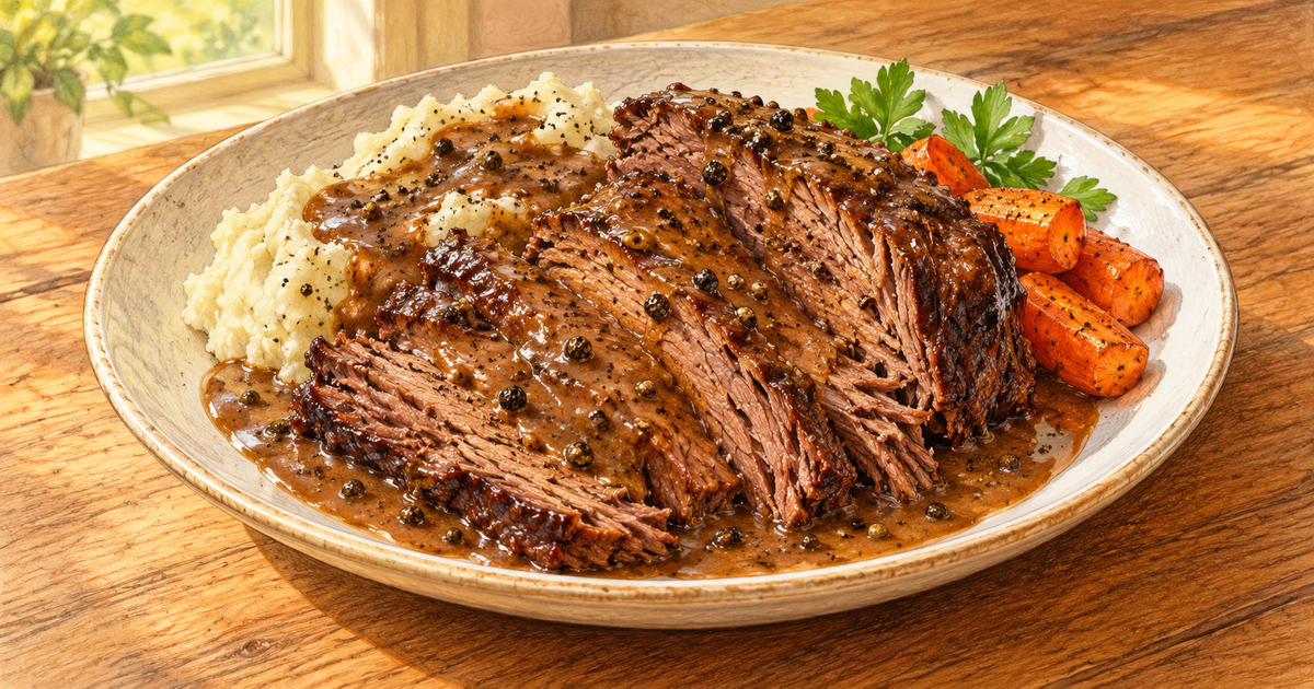 Chuck Roast with Peppercorn Gravy plated and ready to serve