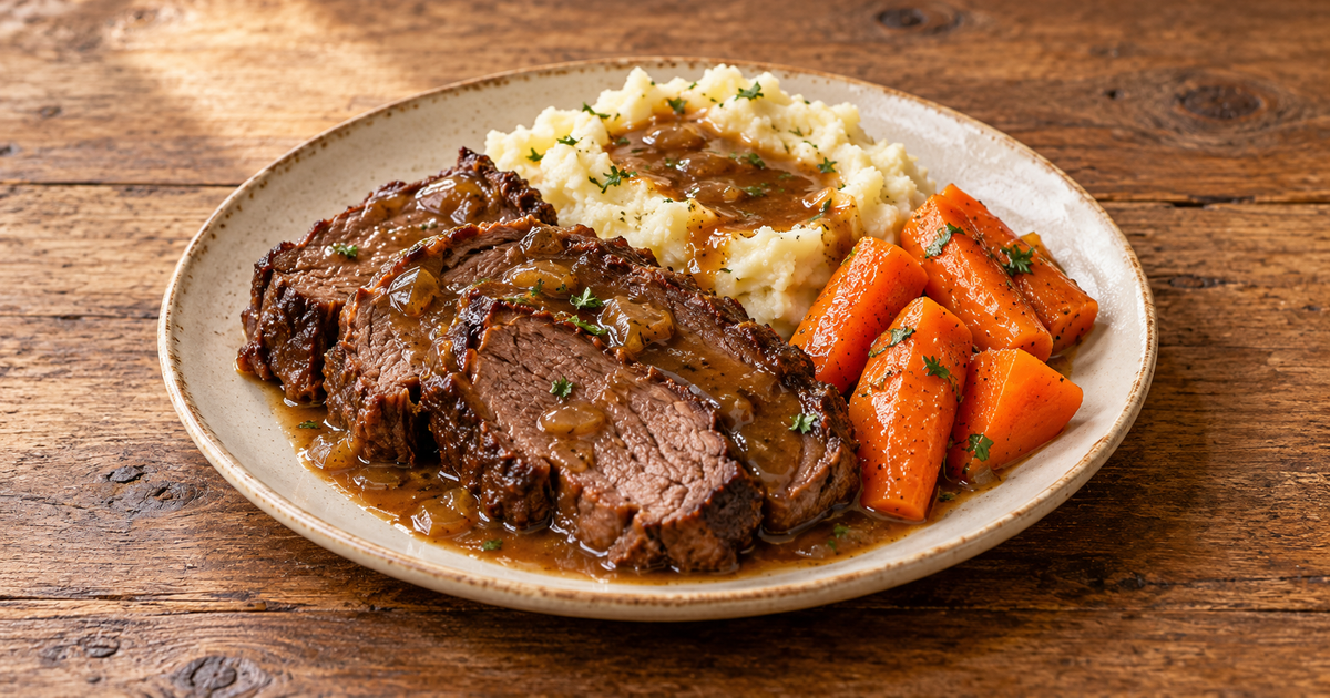 Pot Roast with Onion Gravy plated and ready to serve