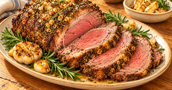 Rosemary-Garlic Prime Rib plated and ready to serve
