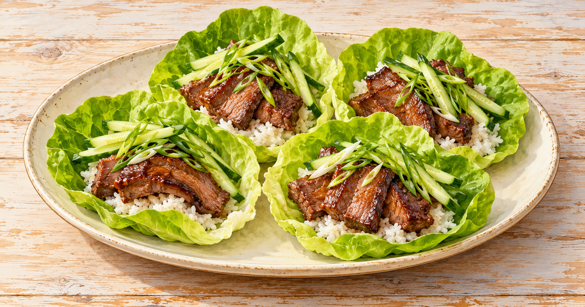 Pear-Soy Short Rib Lettuce Wraps plated and ready to serve