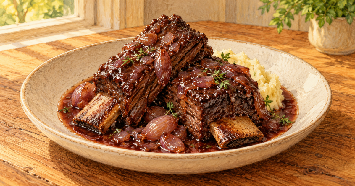 Short Ribs with Red Wine Shallot Sauce plated and ready to serve