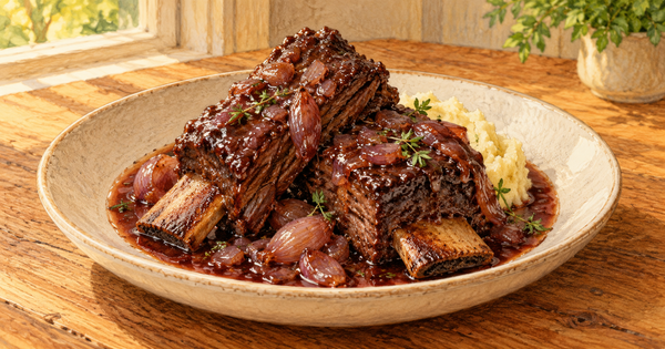 Short Ribs with Red Wine Shallot Sauce plated and ready to serve
