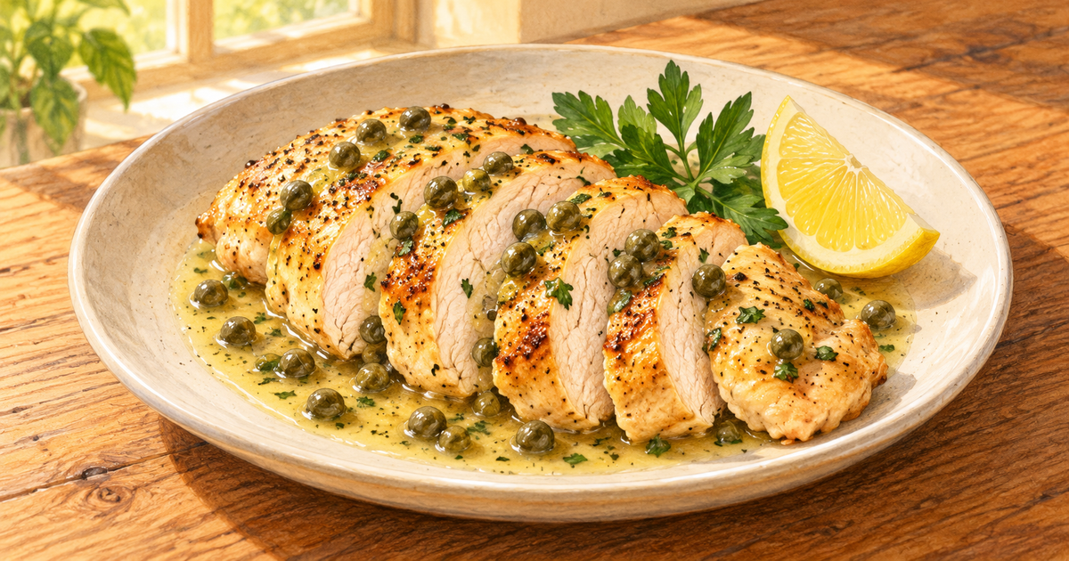 Lemon-Caper Chicken Breast plated and ready to serve