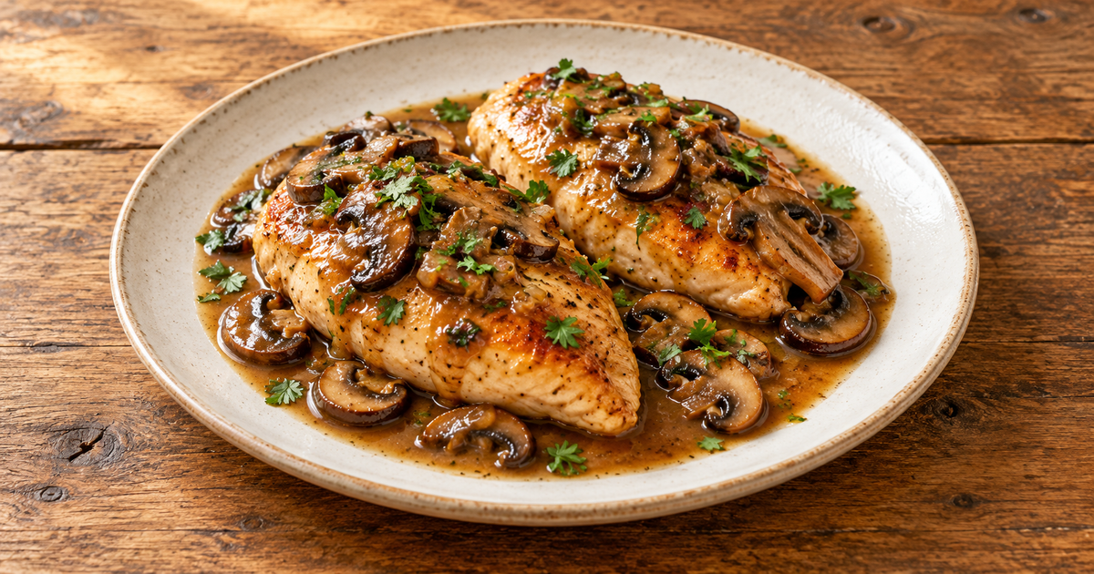 Chicken Marsala with Cremini Mushrooms plated and ready to serve