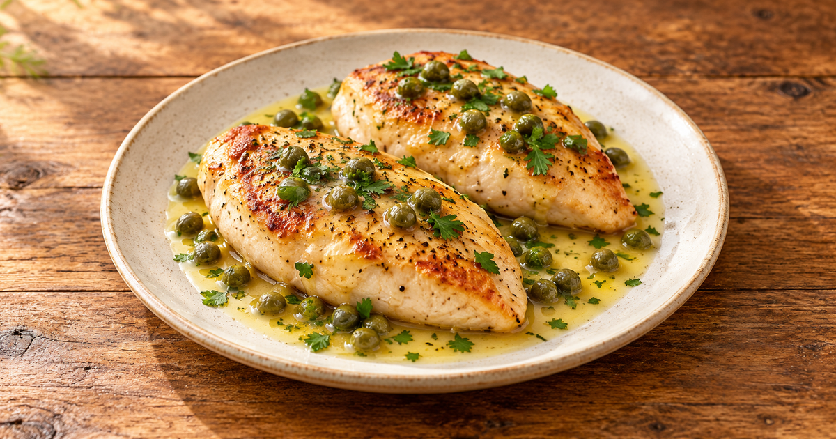 Chicken Piccata with Lemon-Caper Butter plated and ready to serve
