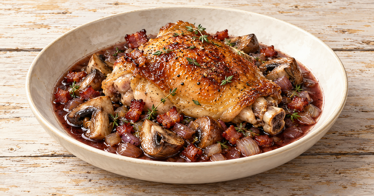 Chicken Thighs with Red-Wine Mushroom Sauce plated and ready to serve
