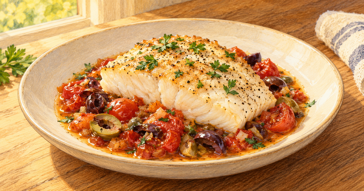 Halibut with Tomato-Olive Sauce plated and ready to serve