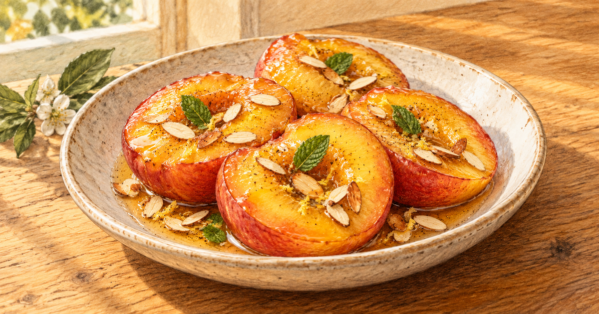 Honey-Cardamom Peaches plated and ready to serve