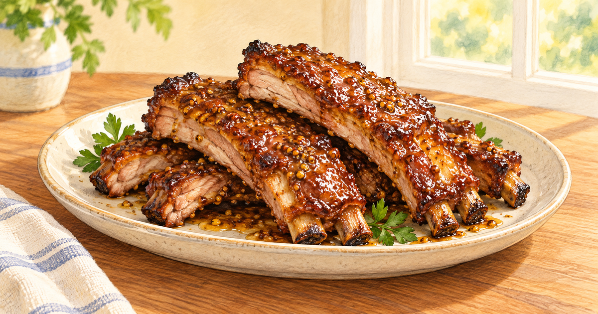 Maple-Mustard Baby Back Ribs plated and ready to serve