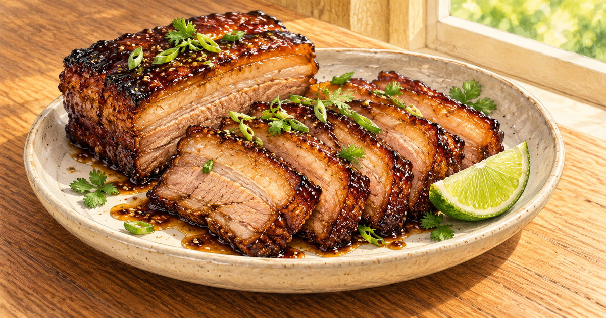 Pork Belly with Hoisin-Lime Glaze plated and ready to serve