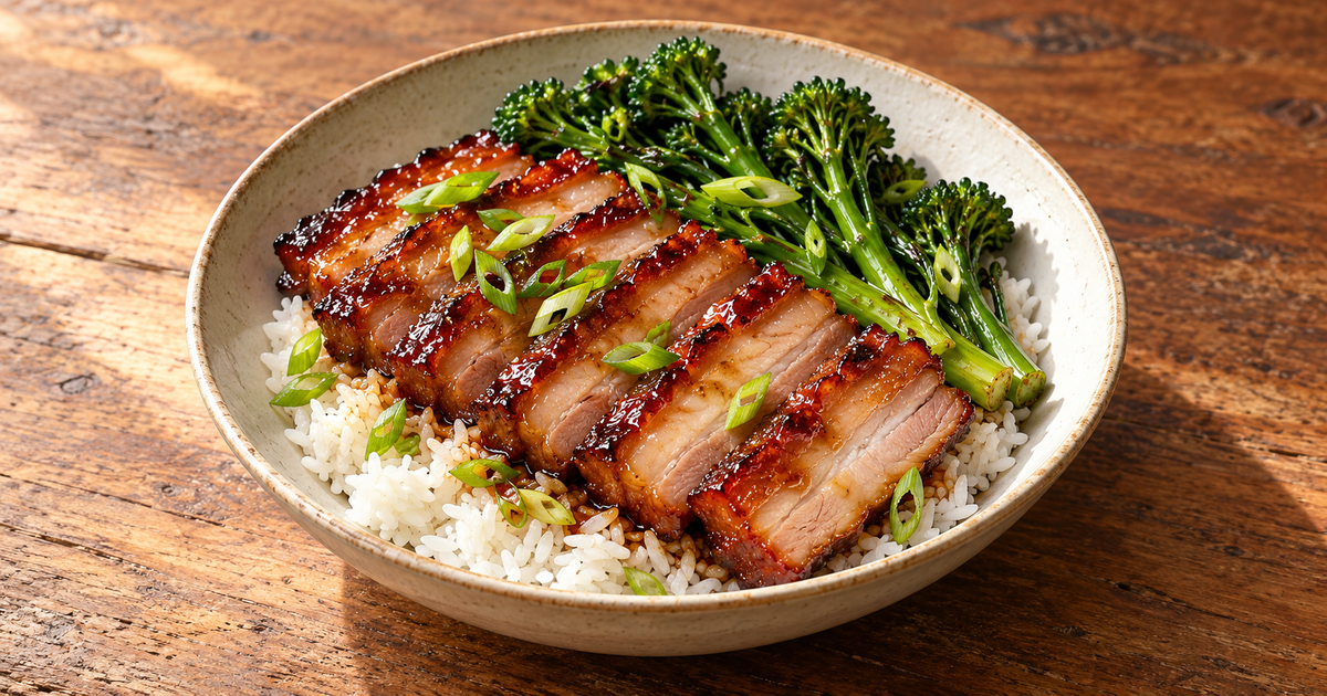 Char Siu Belly with Rice and Broccolini plated and ready to serve