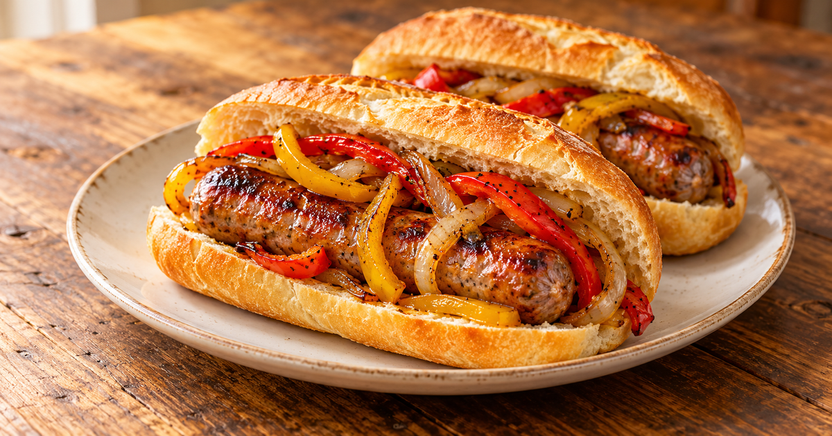 Italian Sausage with Peppers and Onions plated and ready to serve