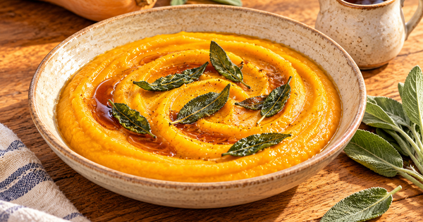 Maple-Sage Butternut Squash Puree plated and ready to serve