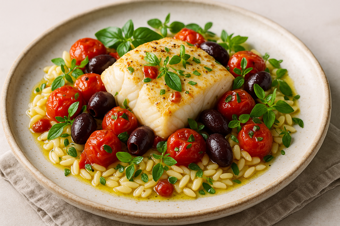 Mediterranean Cod with Cherry Tomatoes, Olives, and Herbs