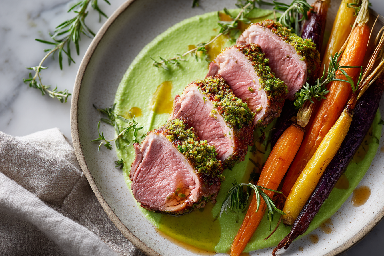Herb-Crusted Lamb Shoulder Roast with Mint Pea Purée