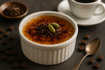 Coffee-Cardamom Crème Brûlée with Dark Chocolate