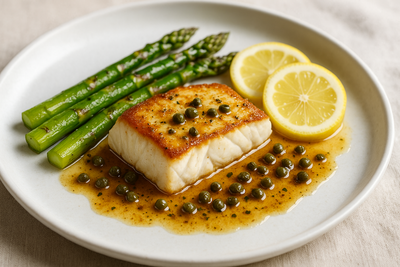 Halibut with Lemon-Caper Brown Butter and Asparagus