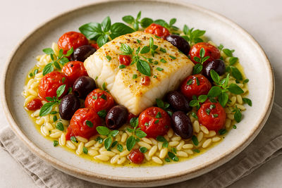 Mediterranean Cod with Cherry Tomatoes, Olives, and Herbs