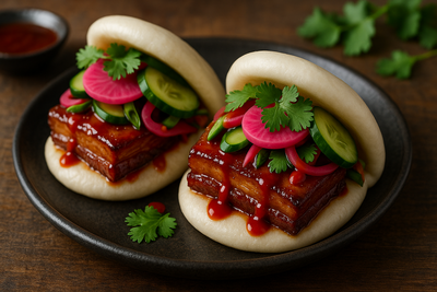 Korean-Style Pork Belly Bao with Pickled Vegetables
